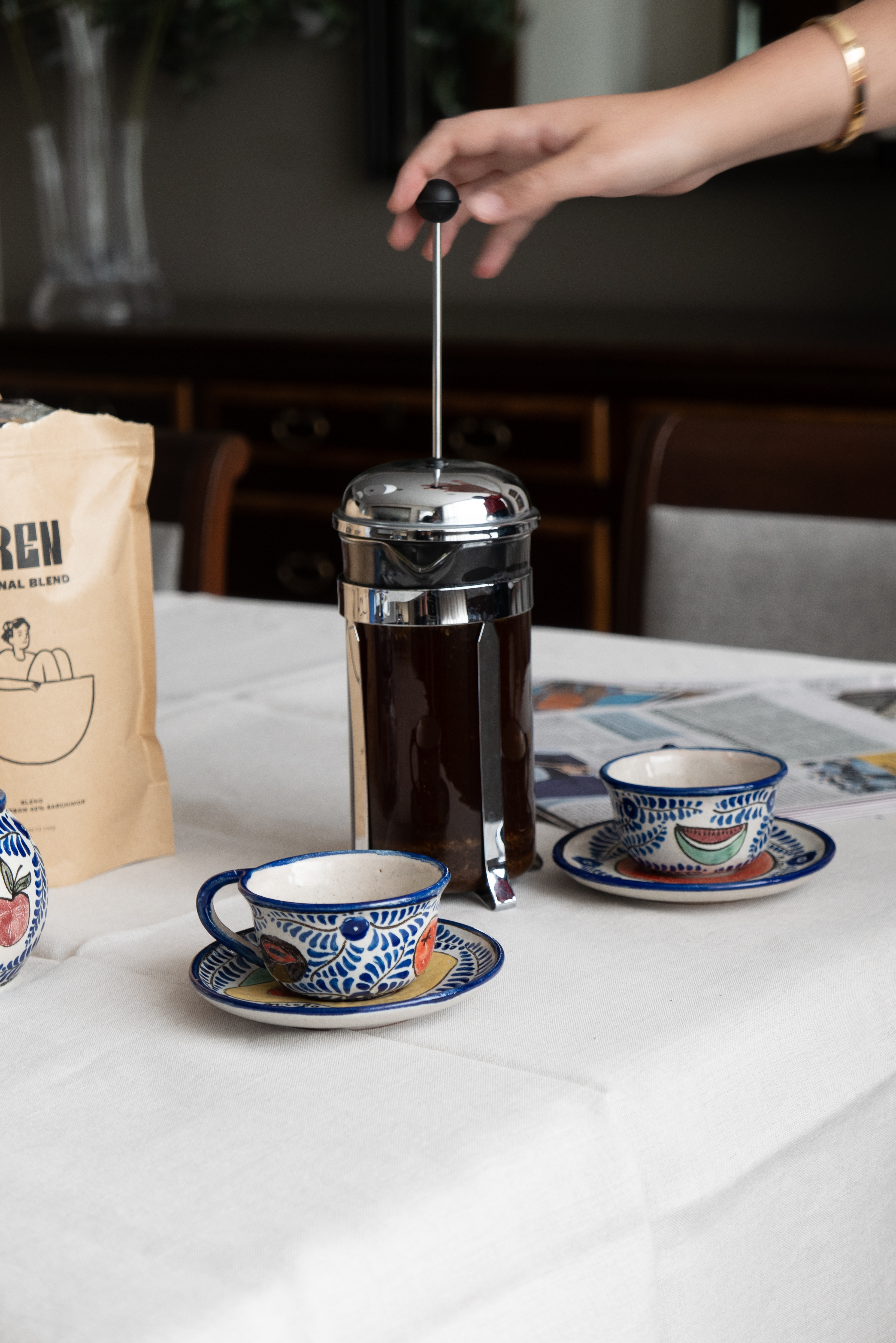 AREN coffee setup with french press and Talavera cups